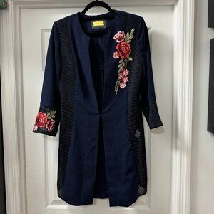 Fascino Italian Vintage Duster jacket unique floral applique mesh cut outs sz 44
